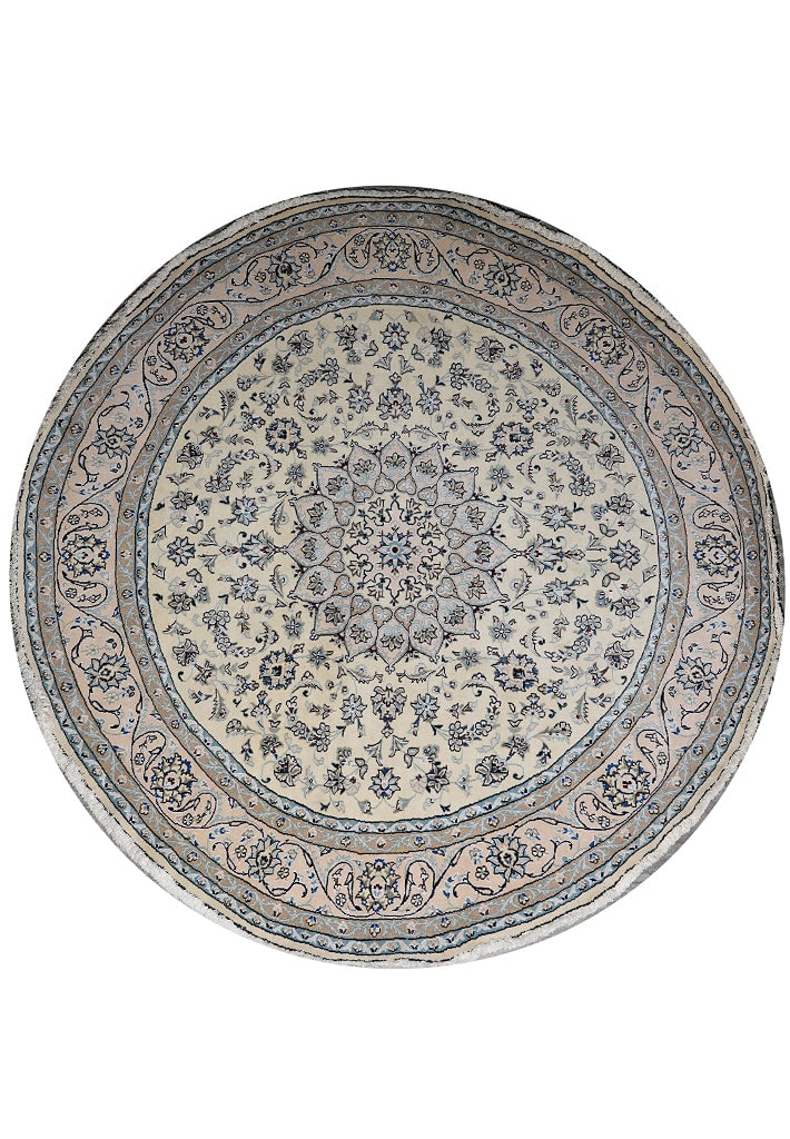 Round Persian Nain Rug 98 x 100 in Hand Knotted Wool and Silk Ivory Blue: Round Persian Nain Rug 98 x 100 in Hand Knotted Wool and Silk Ivory Blue Free continental US Shipping This round Persian Nain area rug is hand-knotted in Iran, showcasing authentic craftsmanship and i