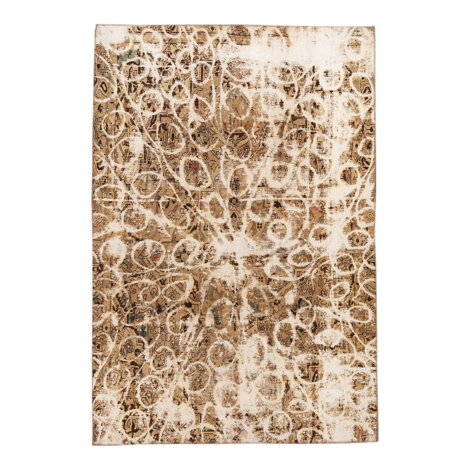 Handmade Vintage Abstract Tan Wool Rug 7'2" X 10'6" Distressed Design: Handmade Vintage Abstract Tan Wool Rug 7'2" X 10'6" Distressed Design Add a touch of elegance to your space with this beautiful hand-knotted vintage wool rug. Featuring a soft tan field complemented b