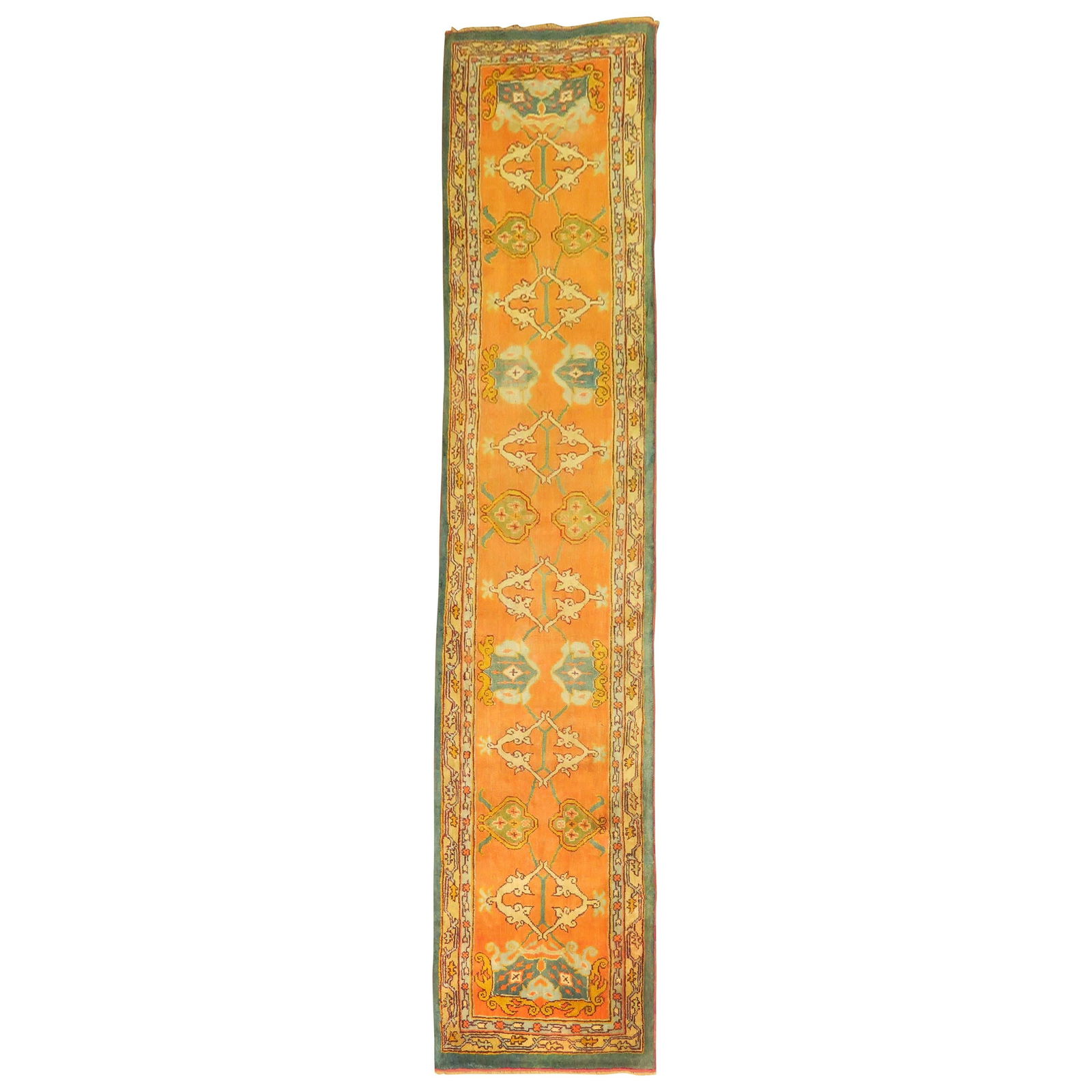 Antique Oushak Runner Pumpkin Orange Arts Crafts Wool Hand-Woven Turkey 34 x 188 in: Antique Oushak Runner Pumpkin Orange Arts Crafts Wool Hand-Woven Turkey 34 x 188 in This antique Oushak runner, crafted in Turkey, showcases a vibrant pumpkin orange field complemented by a rich fores