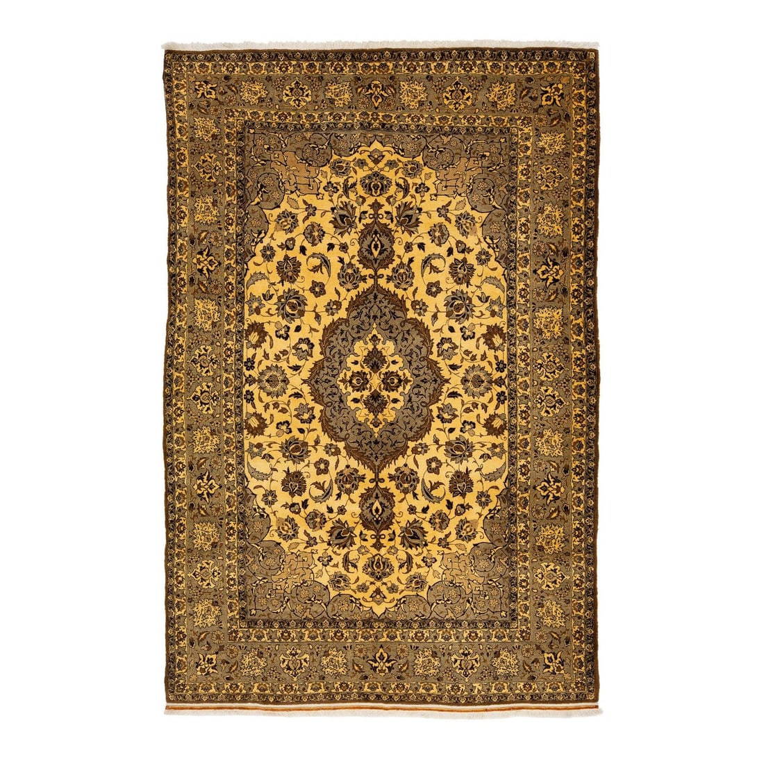 Vintage Handmade Tabriz Wool Rug 6'10 x 10'7 Yellow Medallion Design: Vintage Handmade Tabriz Wool Rug 6'10 x 10'7 Yellow Medallion Design This vintage handmade Tabriz rug showcases a vibrant yellow field beautifully accented with a medallion design and lively multicolo