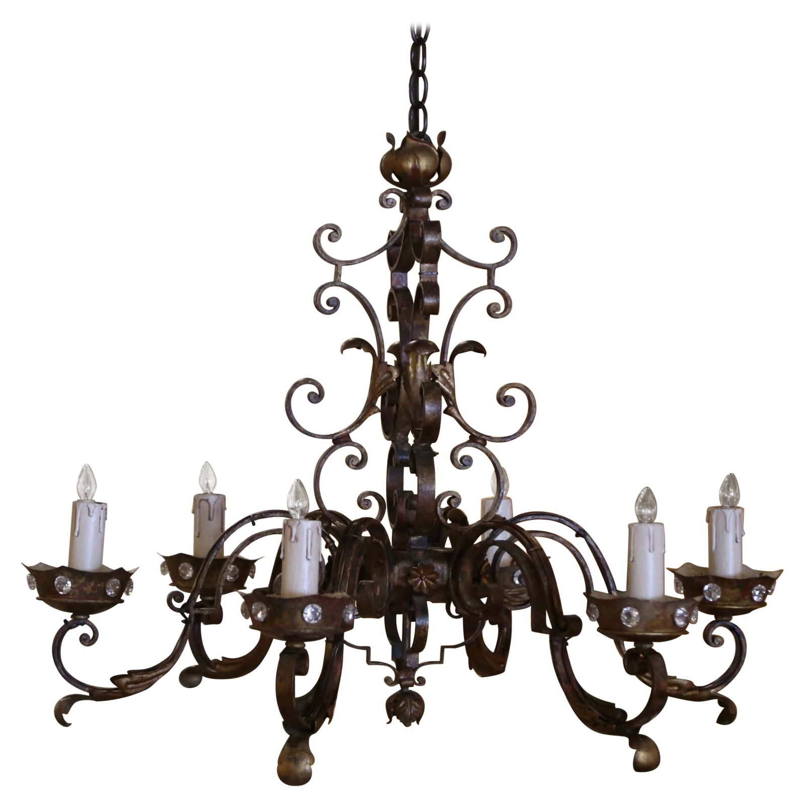 French Louis XV Six-Light Chandelier Circa 1920 Iron and Crystal: French Louis XV Six-Light Chandelier Circa 1920 Iron and Crystal This exquisite Early 20th Century French Louis XV Six-Light Iron Chandelier is a stunning example of antique craftsmanship, hailing fro