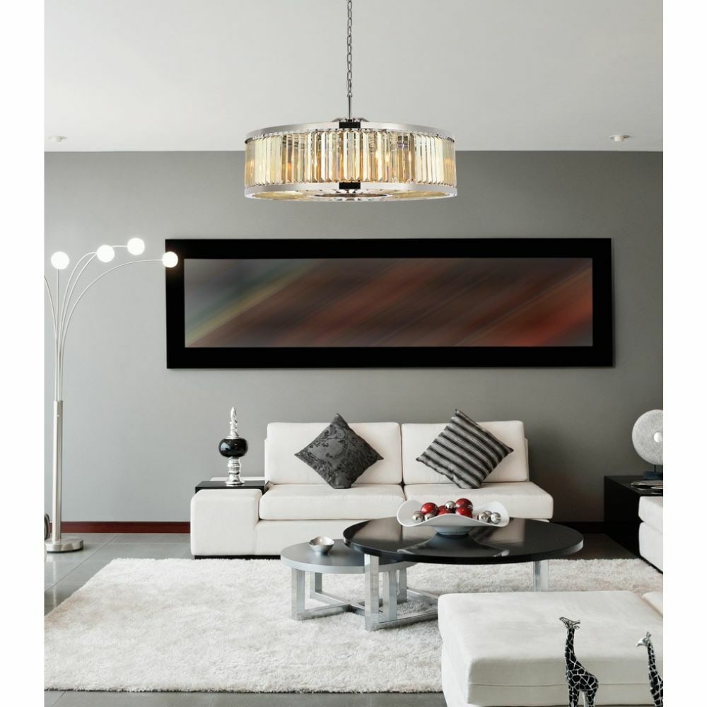 Chelsea Modern Chandelier With 10 Golden Teak Crystals Polished Nickel 43 Inch: Chelsea Modern Chandelier With 10 Golden Teak Crystals Polished Nickel 43 Inch This modern chandelier features a polished nickel frame adorned with high-quality golden teak royal cut crystals. Designe