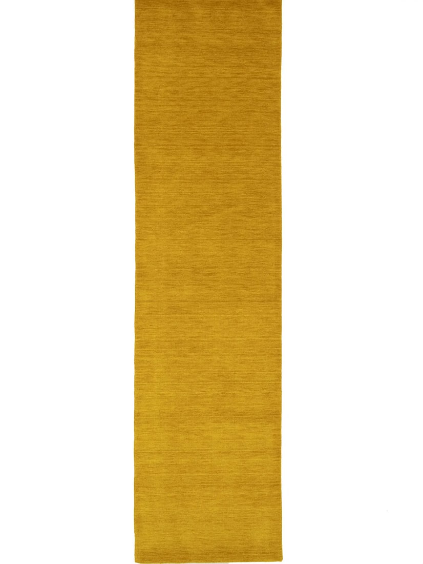 Modern Marigold Hand-Loomed Wool Runner Rug 2'7 x 9'11: Modern Marigold Hand-Loomed Wool Runner Rug 2'7 x 9'11 Enhance your living space with this exquisite Marigold Solid Design Hand-Loomed Gabbeh Wool Runner Rug. Measuring 2'7" x 9'11", this elegant runn