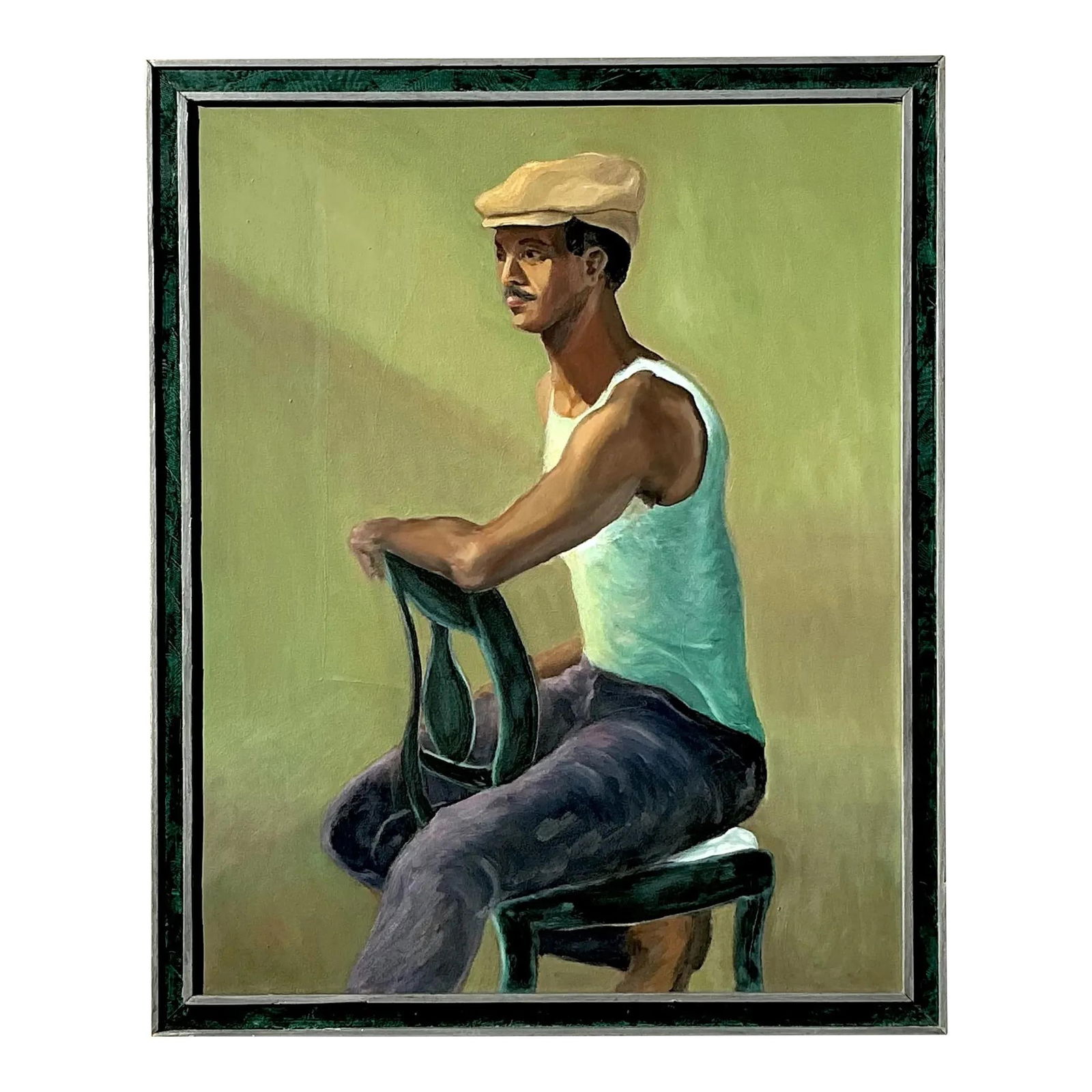 Vintage Oil Portrait on Canvas Green Man Art 26.5 x 32.5: Vintage Oil Portrait on Canvas Green Man Art 26.5 x 32.5 Discover the charm of this exquisite vintage oil portrait on canvas, featuring a man elegantly posed in a soft green and cream color palette. T