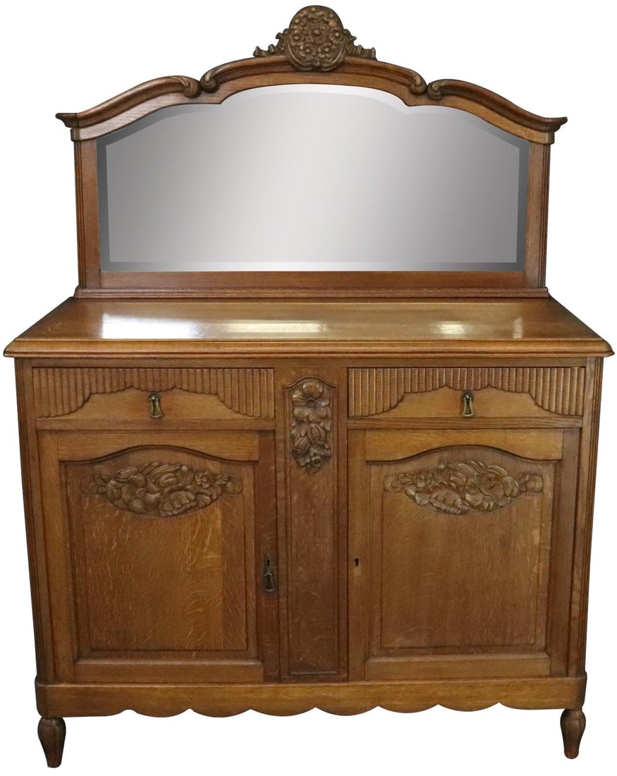 1920 French Art Deco Oak Sideboard Server with Chestnut Finish: 1920 French Art Deco Oak Sideboard Server with Chestnut Finish This exquisite French Art Deco sideboard from 1920 showcases a stunning chestnut finish on an oak frame, embodying the elegant style of t