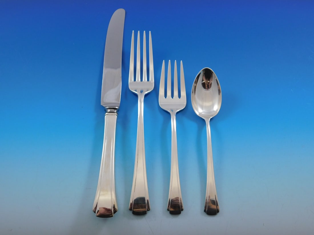Richard Dimes Debutante Sterling Silver Flatware Set 32 pcs for 8: Richard Dimes Debutante Sterling Silver Flatware Set 32 pcs for 8 Enhance your dining experience with this exquisite Debutante flatware set by Richard Dimes, crafted from sterling silver. This Art Dec