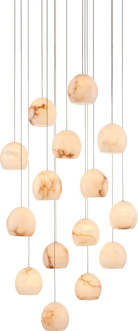 Currey Lazio 15-Light Multi-Drop Pendant with Alabaster Shade: Currey Lazio 15-Light Multi-Drop Pendant with Alabaster Shade Illuminate your space with the Lazio Minimalist Multi-Drop Lighting Fixture, a stunning addition to any modern decor. Featuring a striking