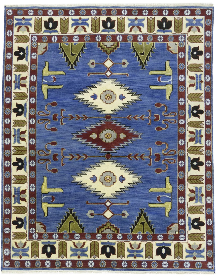 Hand-Knotted Wool Area Rug 7'11 x 9'11 Modern Tribal Geometric Pattern: Hand-Knotted Wool Area Rug 7'11 x 9'11 Modern Tribal Geometric Pattern This handmade Kazak-style oriental rug features a striking tribal geometric pattern in shades of blue, red, gold, buff, beige, da