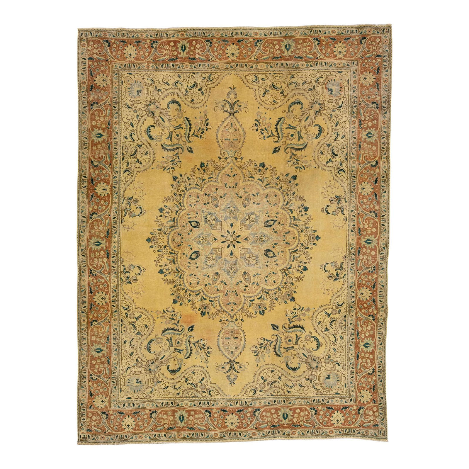 Vintage Persian Tabriz Handmade Ivory Wool Rug 9'8 x 12'7 Floral Design: Vintage Persian Tabriz Handmade Ivory Wool Rug 9'8 x 12'7 Floral Design This exquisite vintage Persian Tabriz rug showcases a stunning hand-knotted wool construction with a classic ivory field. The ru