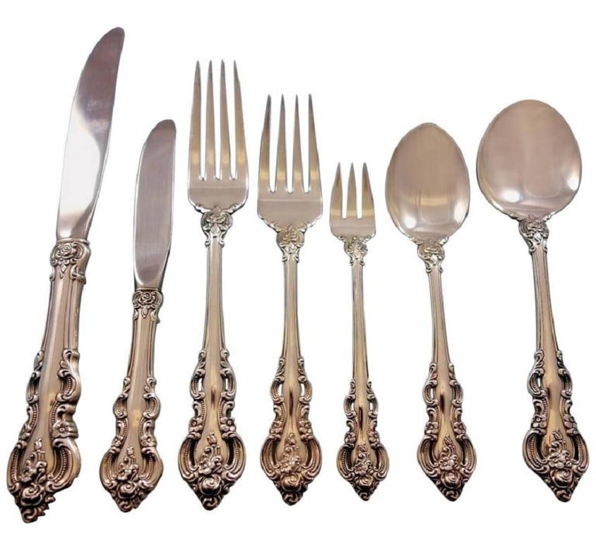 Towle El Grandee Sterling Silver Flatware Set for 8 - 63 Pieces with Storage Chest: Towle El Grandee Sterling Silver Flatware Set for 8 - 63 Pieces with Storage Chest Experience the elegance of the El Grandee Sterling Silver Flatware Set by Towle, featuring 63 intricately designed pi