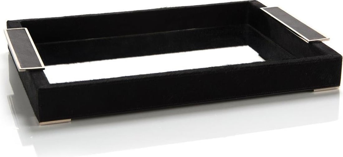 Stylish Black Hair-On-Hide Leather Tray by John-Richard: Stylish Black Hair-On-Hide Leather Tray by John-Richard This elegant black hide leather tray by John-Richard showcases a modern design with a luxurious touch. Crafted from hair-on-hide material, this
