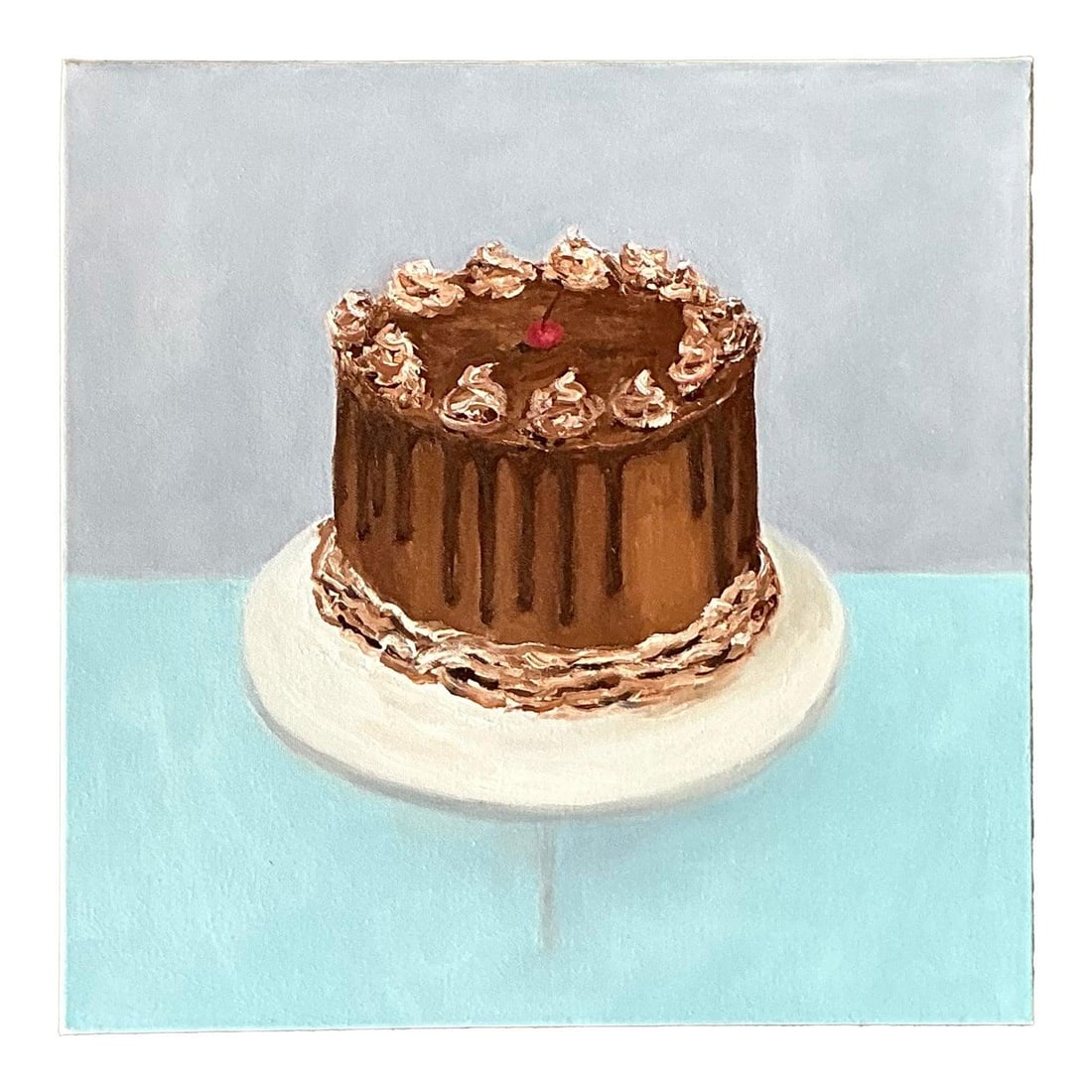 Vintage Boho Oil Painting of Chocolate Cake on Canvas: Vintage Boho Oil Painting of Chocolate Cake on Canvas This vintage original oil painting on canvas is a delectable celebration of classic confectionery with a contemporary twist. The artist has skillf