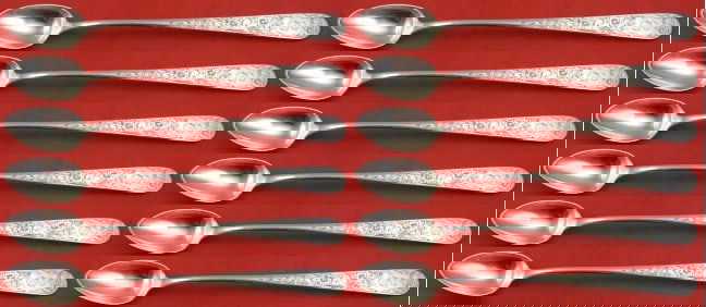 Kirk Old Maryland Engraved Sterling Silver Iced Tea Spoon Set of 12: Kirk Old Maryland Engraved Sterling Silver Iced Tea Spoon Set of 12 This exquisite set of 12 iced tea spoons showcases the timeless Old Maryland Engraved pattern by Kirk. Crafted from high-quality ste