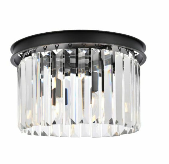 Sydney 16 Inch Crystal Matte Black Three Light Flush Mount Chandelier: Sydney 16 Inch Crystal Matte Black Three Light Flush Mount Chandelier This contemporary flush mount chandelier features a matte black iron and steel frame adorned with high-quality clear royal cut cry