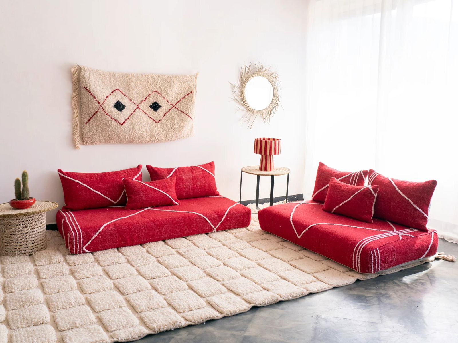 Vibrant Handmade Moroccan Berber Loveseat Sofa Red Edition: Vibrant Handmade Moroccan Berber Loveseat Sofa Red Edition Introduce bold color and warmth into your home with the Handmade Moroccan Berber Loveseat Sofa - Red Edition. This exquisite piece is crafted