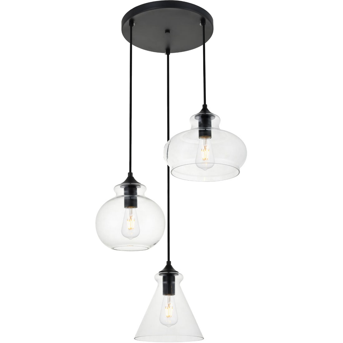 Destry Three Light Black Pendant with Clear Glass Shades for Kitchen or Dining: Destry Three Light Black Pendant with Clear Glass Shades for Kitchen or Dining This modern pendant chandelier features a sleek black finish with clear glass shades, offering a contemporary style suita