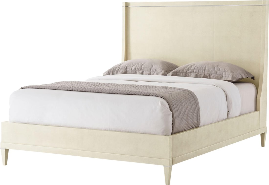Theodore Alexander Elegant Dove Finish Queen Bed: Theodore Alexander Elegant Dove Finish Queen Bed Introducing the Elegant Shagreen Queen Bed by TA Studio, a stunning centerpiece for your bedroom. This exquisite queen-sized bed stands at a height of