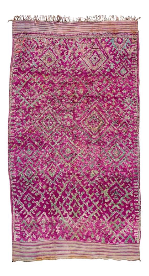 1960s Geometric Purple Moroccan Wool Rug 6'8 x 12'5: 1960s Geometric Purple Moroccan Wool Rug 6'8 x 12'5 This stunning vintage 1960s Moroccan wool rug features a captivating light purple field adorned with a geometric, interlocking diamond pattern in si