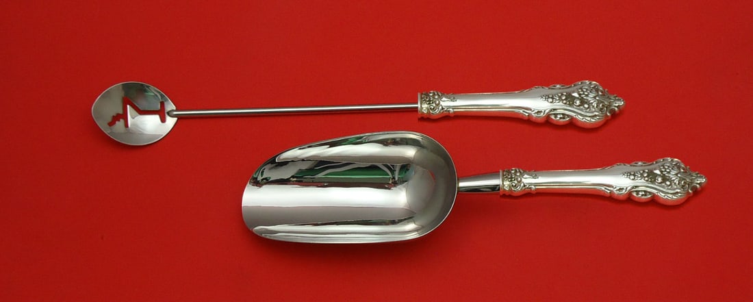 Amston Donatello Sterling Silver 2pc Bar Set Martini Spoon Ice Scoop: Amston Donatello Sterling Silver 2pc Bar Set Martini Spoon Ice Scoop Elevate your barware collection with this exquisite 2-piece Sterling Silver Bar Set from Amston, featuring the elegant Donatello pa