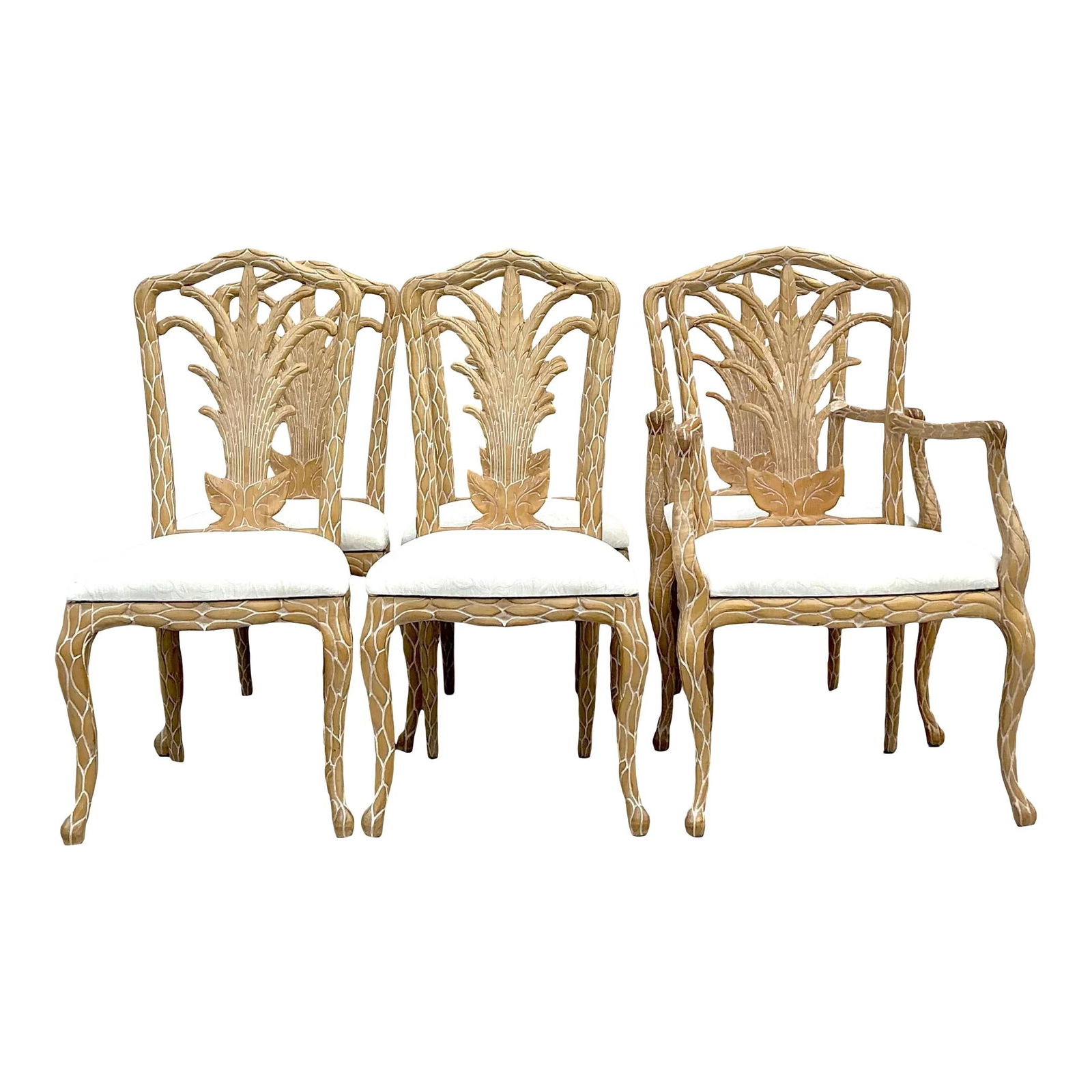 Set of 6 Vintage Regency Faux Bois Palm Dining Chairs: Set of 6 Vintage Regency Faux Bois Palm Dining Chairs Introducing a captivating set of six Vintage Regency Faux Bois Palm Dining Chairs, showcasing a delightful blend of timeless elegance and nature-i