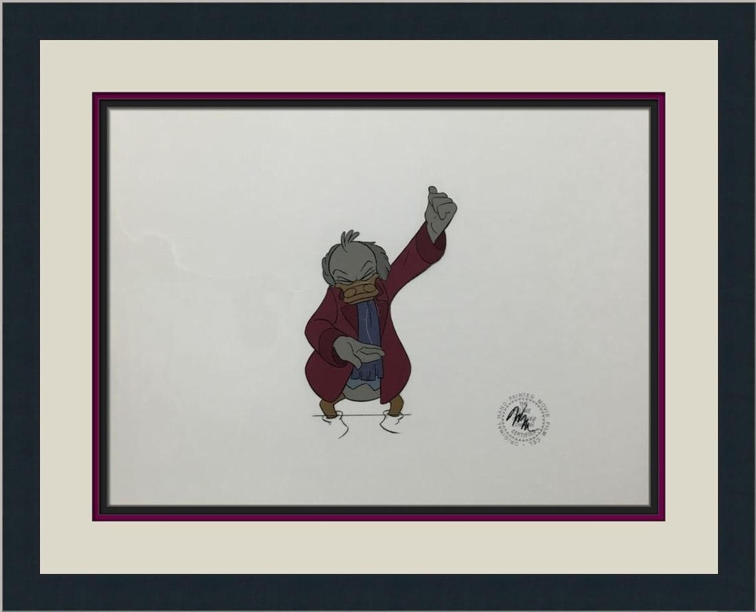 Disney Scrooge McDuck Framed Production Cel COA 1993: Disney Scrooge McDuck Framed Production Cel COA 1993 This exquisite original painted production cel features Scrooge McDuck as Ebenezer Scrooge from Disney's 1983 adaptation of "Mickey's Christmas Car