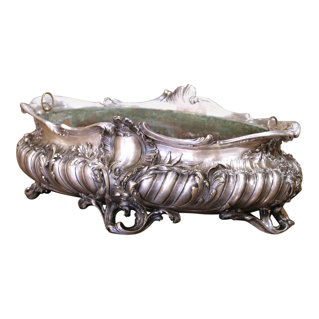 19th Century Louis XV Bronze Silver Plated Jardiniere with Zinc Liner: 19th Century Louis XV Bronze Silver Plated Jardiniere with Zinc Liner Enhance your living space with this stunning 19th Century French Louis XV Bronze Silver Plated Oval Jardiniere. Crafted in France