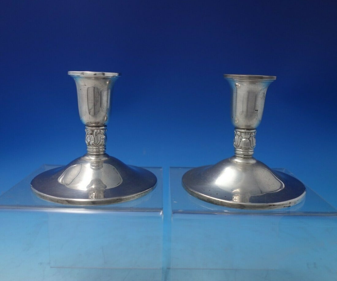 Royal Danish International Sterling Silver Candlestick Pair 4 x 4: Royal Danish International Sterling Silver Candlestick Pair 4 x 4 This exquisite pair of Royal Danish candlesticks by International Sterling Silver showcases a timeless design from the early to mid-20