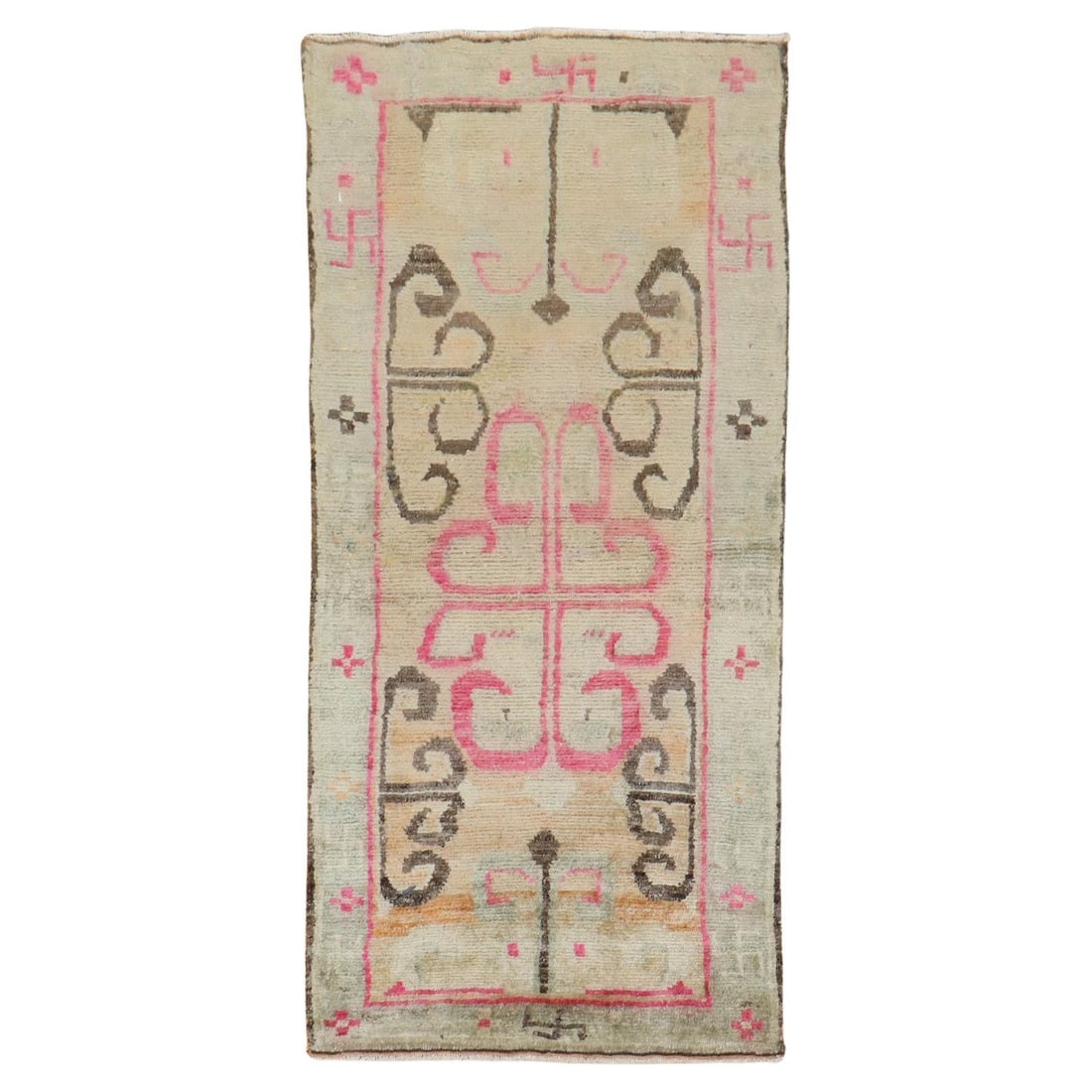 Vintage Tibetan Hand-Knotted Wool Folk Art Rug 30 x 57: Vintage Tibetan Hand-Knotted Wool Folk Art Rug 30 x 57 This Decorative Vintage Tibetan Rug showcases a unique Folk Art style, hand-knotted with care from high-quality wool. Measuring 30 in (76.2 cm) i