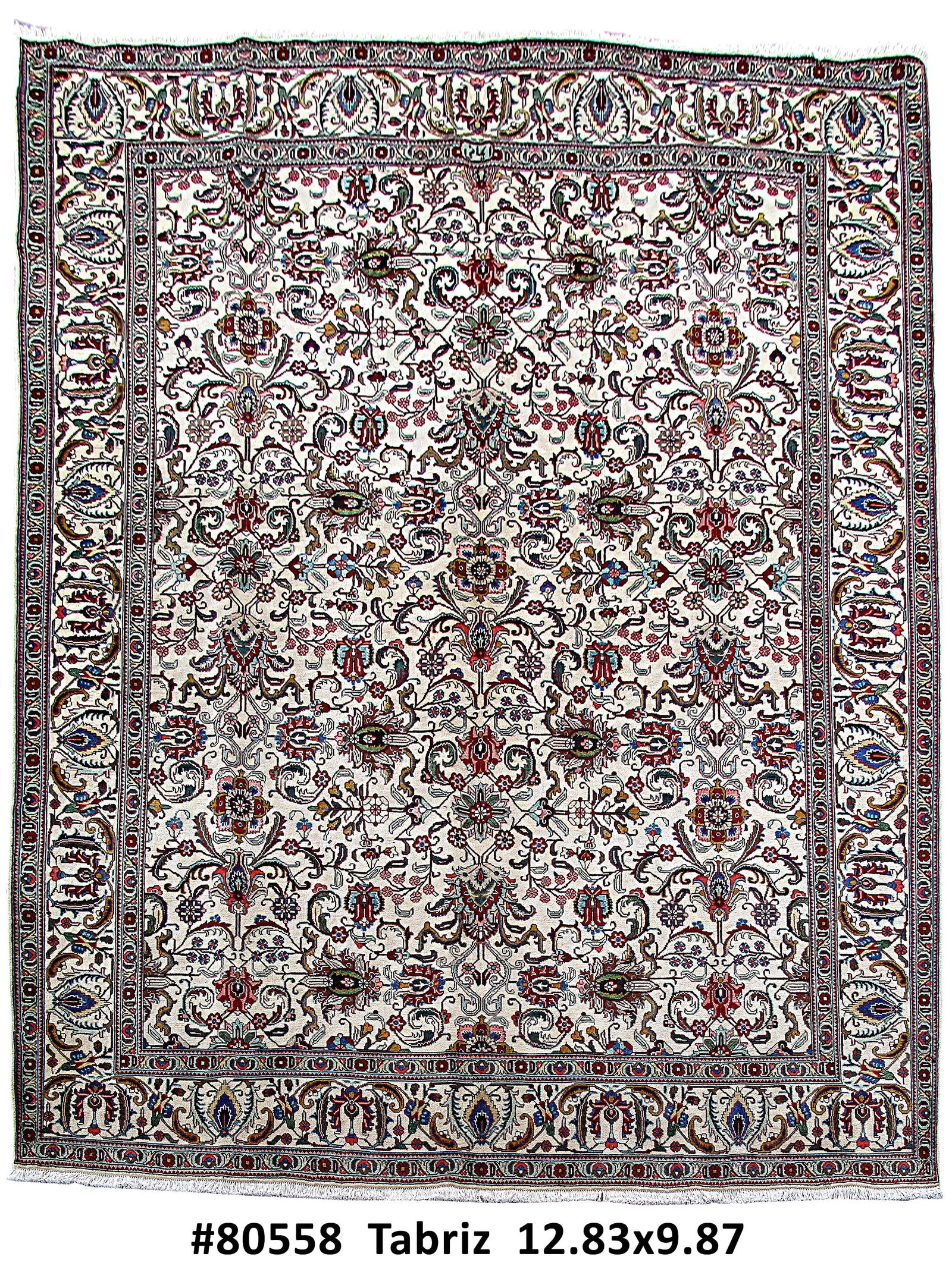 9'11 x 12'10 Handcrafted Ivory Persian Tabriz Rug from Iran: 9'11 x 12'10 Handcrafted Ivory Persian Tabriz Rug from Iran Free continental US Shipping Transform your living space with this exquisite 9' 11" x 12' 10" Traditional Persian Ivory Tabriz Rug, a true t