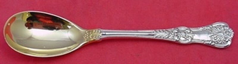 Tiffany & Co English King Sterling Silver Egg Spoon Gold Wash 4.5": Tiffany & Co English King Sterling Silver Egg Spoon Gold Wash 4.5" This exquisite egg spoon is crafted by Tiffany & Co. in the elegant English King pattern. Made from high-quality sterling silver, thi
