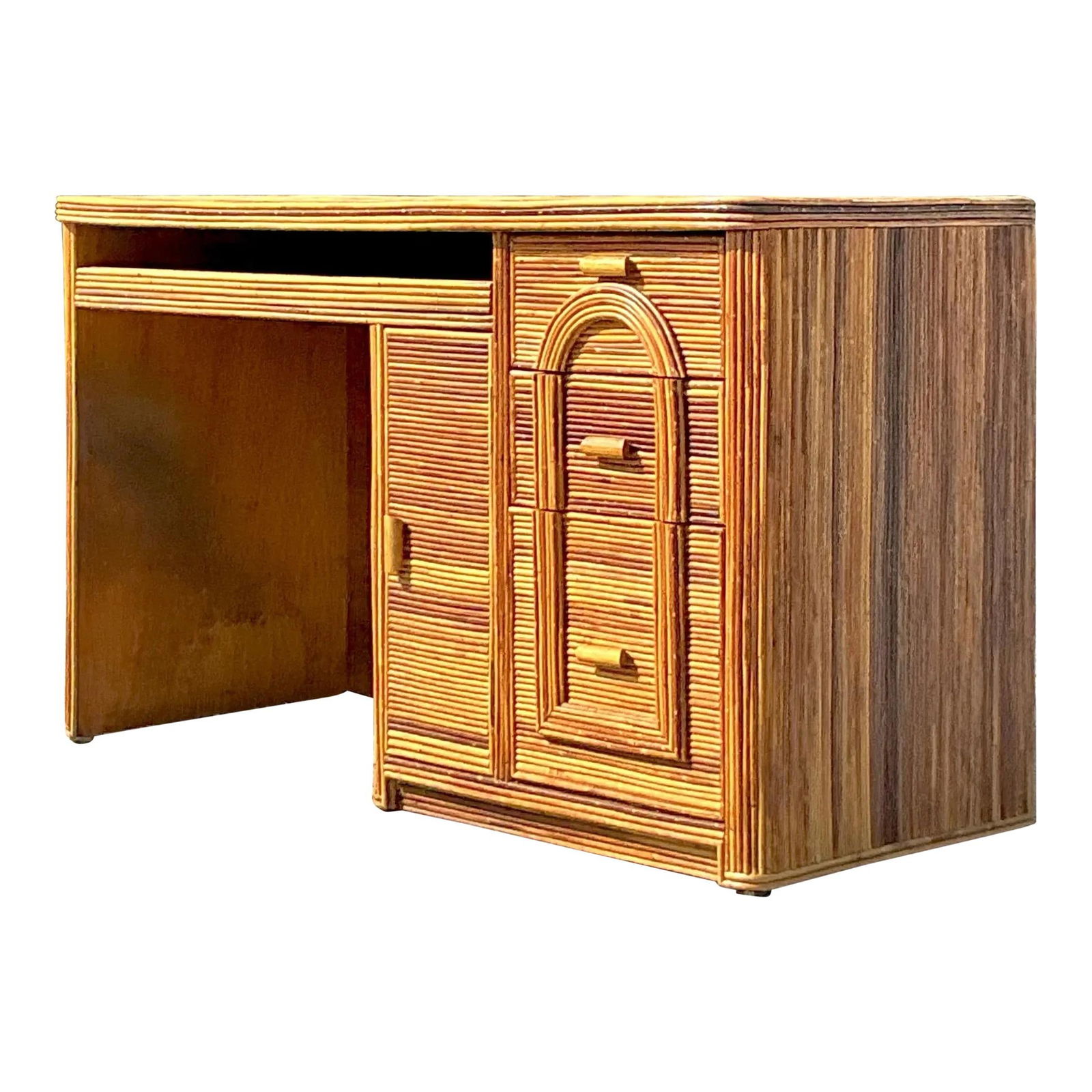 Vintage Coastal Pencil Reed Writing Desk with Pull-Out Drawer: Vintage Coastal Pencil Reed Writing Desk with Pull-Out Drawer Transform your workspace with this Vintage Coastal Pencil Reed Writing Desk. Designed with a textured pencil reed finish, it showcases a s