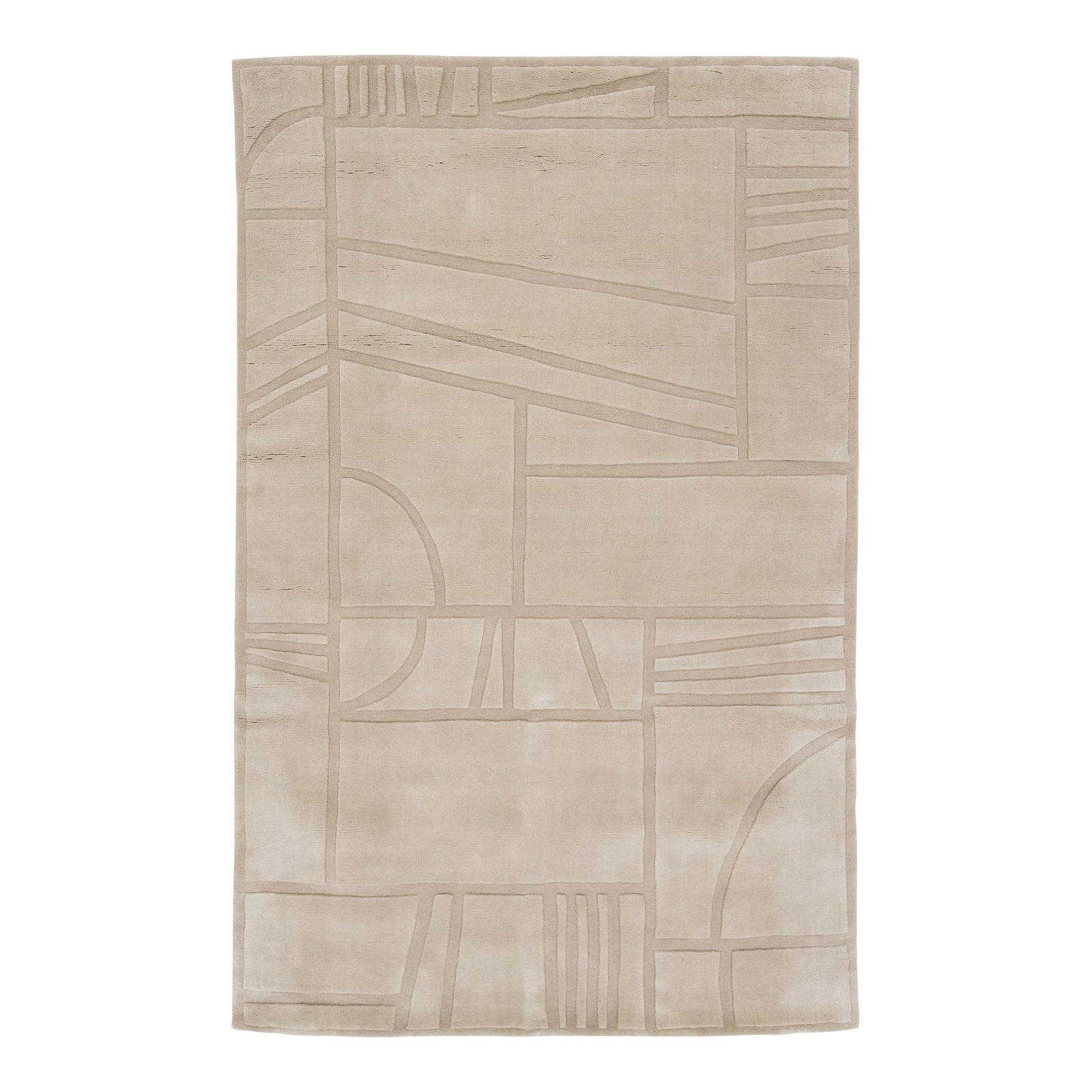 Modern Geometric Hand-Loomed Wool Rug Tan 5' x 8': Modern Geometric Hand-Loomed Wool Rug Tan 5' x 8' Elevate your space with this stunning modern rug, hand-loomed from premium wool. Featuring a contemporary minimalist geometric pattern against a warm