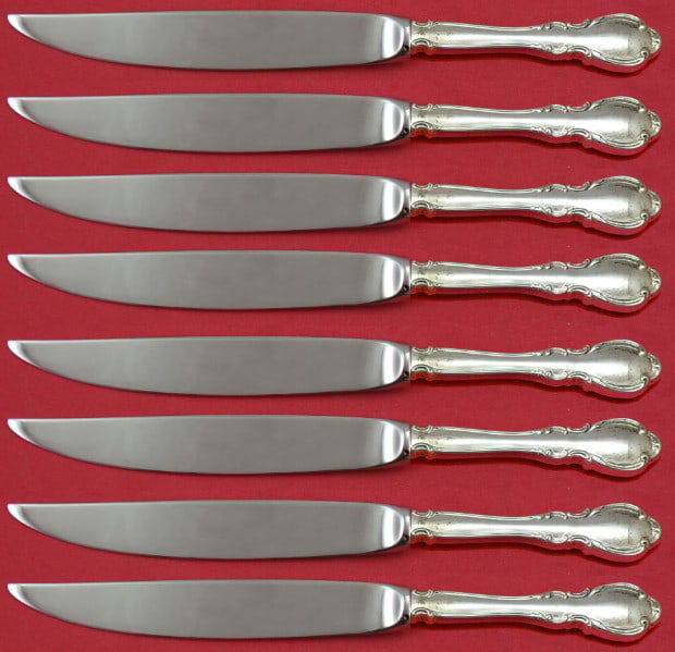Towle Legato Sterling Silver Steak Knife Set 8pc Not Serrated 8": Towle Legato Sterling Silver Steak Knife Set 8pc Not Serrated 8" This exquisite set of Legato by Towle steak knives features eight beautifully crafted pieces, each measuring 8 inches. Made from high-q