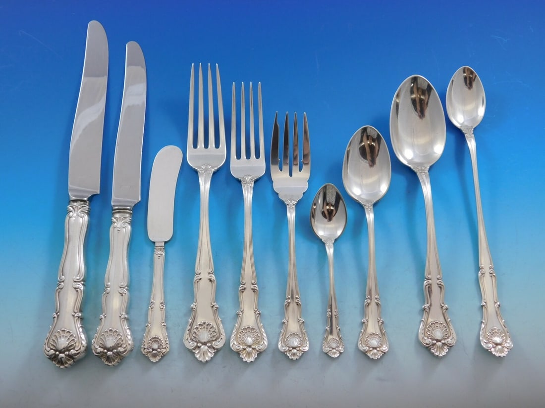 Durgin New Queens Sterling Silver Flatware Set 87 Pieces with Storage Chest: Durgin New Queens Sterling Silver Flatware Set 87 Pieces with Storage Chest Elevate your dining experience with this exquisite Durgin New Queens Sterling Silver Flatware Set. This timeless 87-piece se