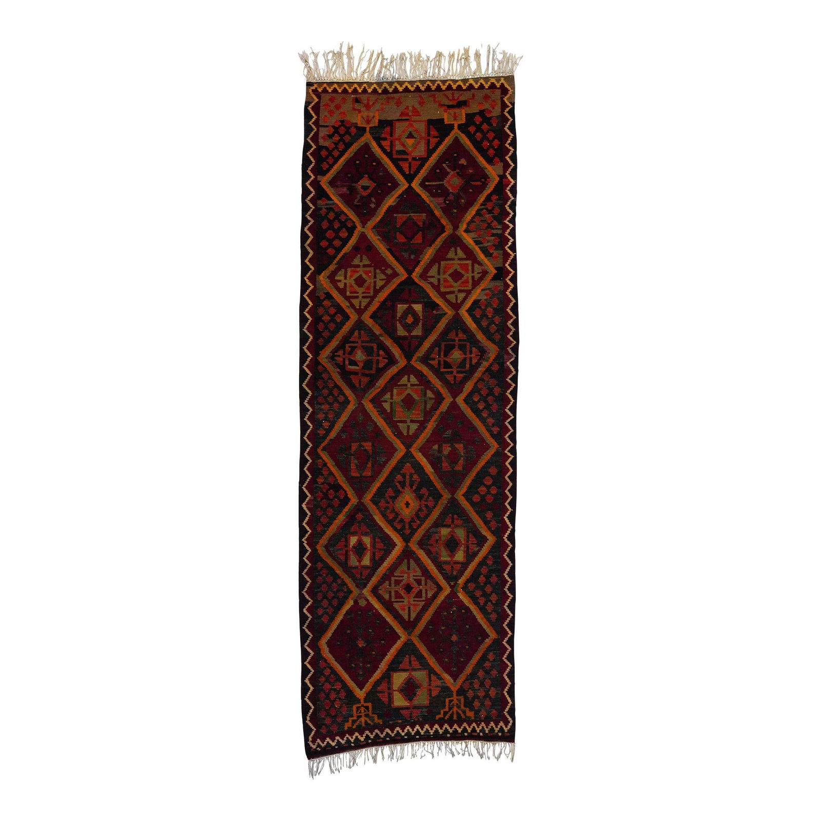 1960s Handmade Multicolor Geometric Wool Kilim Runner 4'1 x 12'3: 1960s Handmade Multicolor Geometric Wool Kilim Runner 4'1 x 12'3 This stunning vintage Kilim runner features a hand-knotted wool construction, showcasing a vibrant multicolor geometric pattern. Measur