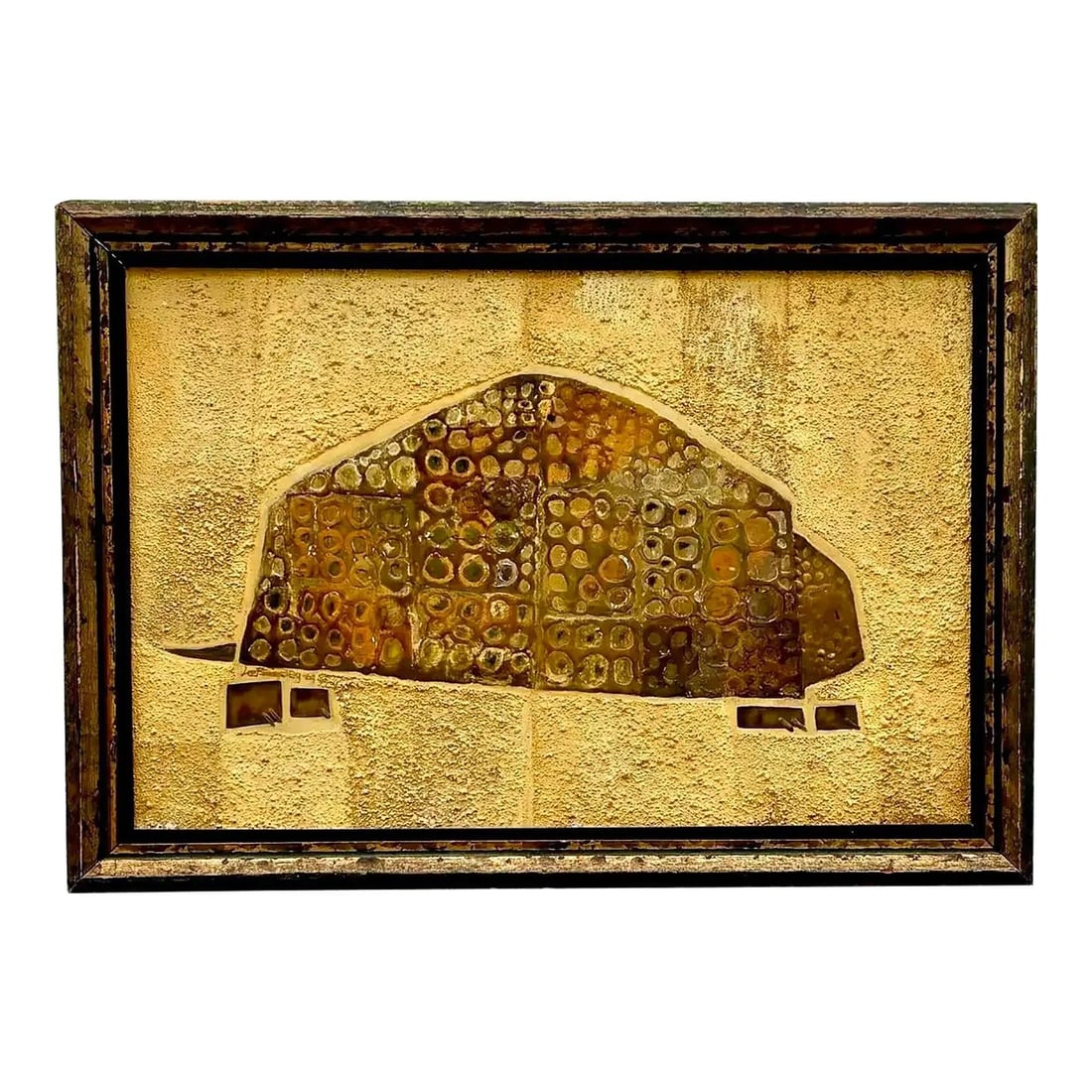 Framed Mixed Media Abstract Art with Earth Tones and Textured Surface: Framed Mixed Media Abstract Art with Earth Tones and Textured Surface This vintage boho abstract painting features a textured, earth-toned form resembling a shelter or organic structure, crafted with