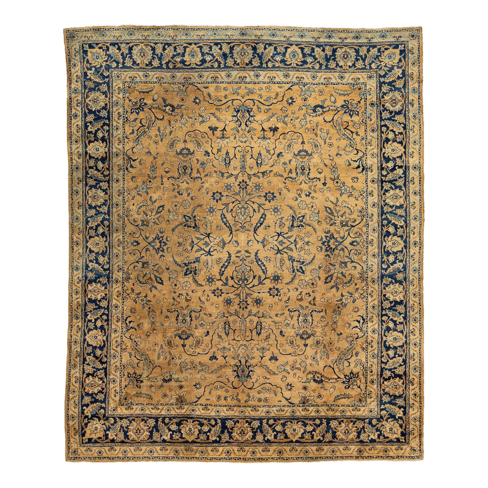 Antique Kerman Wool Rug Handmade in Tan with Floral Motif 7'9 x 9'5: Antique Kerman Wool Rug Handmade in Tan with Floral Motif 7'9 x 9'5 This exquisite 20th-century Persian Kerman wool rug showcases a meticulously crafted all-over floral design in navy blue against a w
