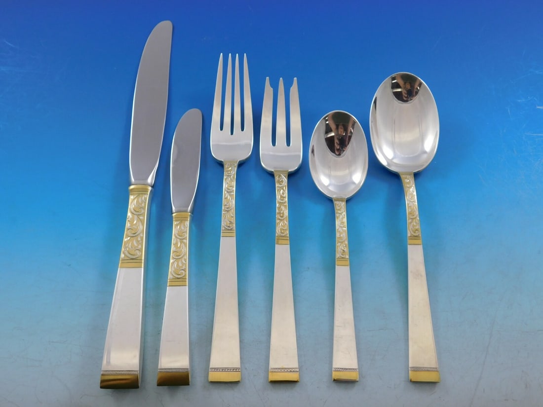Gorham Golden Scroll Sterling Silver Flatware Set 57 Pcs: Gorham Golden Scroll Sterling Silver Flatware Set 57 Pcs Elevate your dining experience with this exquisite Golden Scroll Sterling Silver Flatware Set by Gorham, comprising 57 meticulously crafted pie