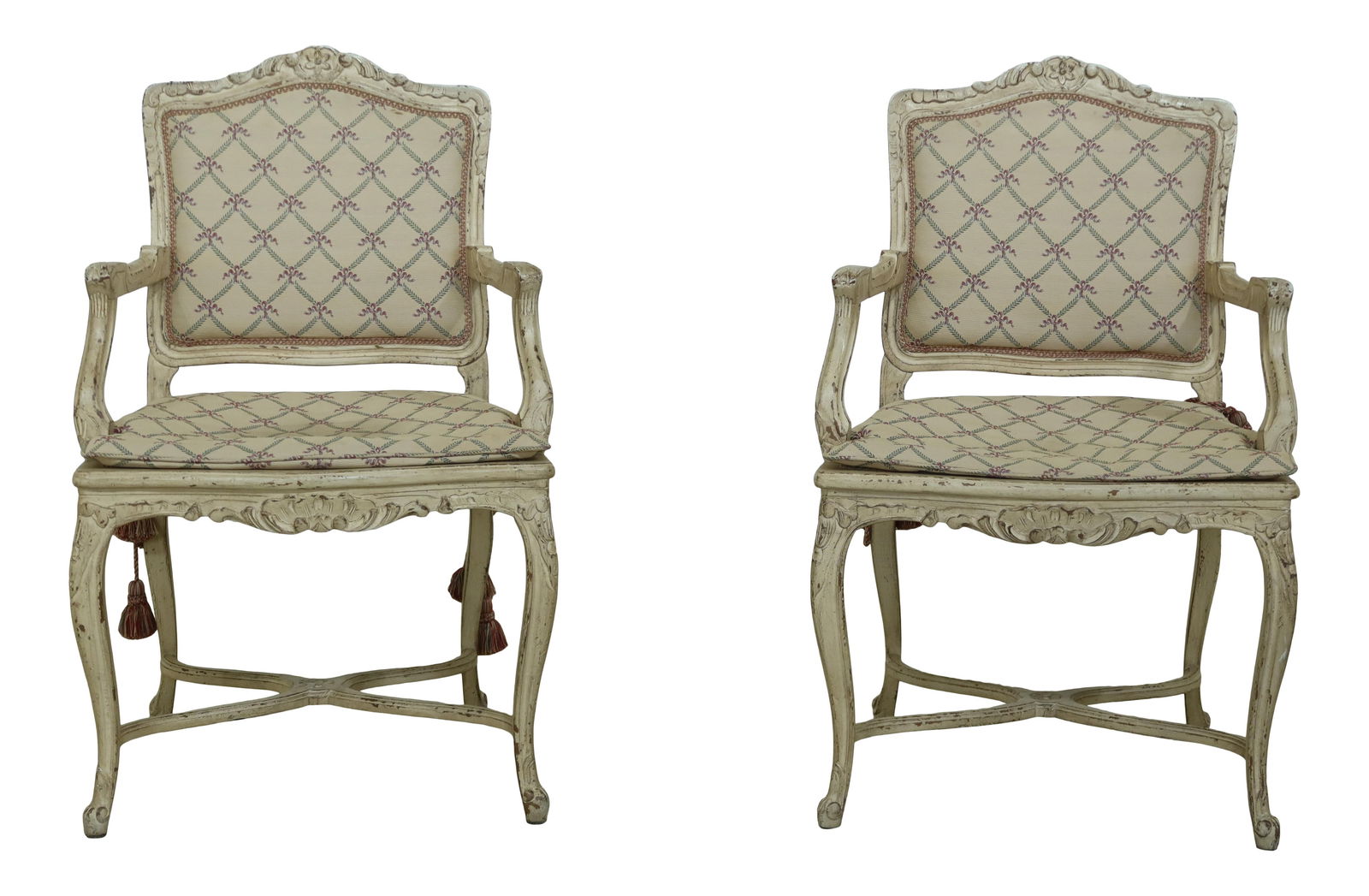 Pair of Italian Distressed Finish Armchairs 18th Century Style: Pair of Italian Distressed Finish Armchairs 18th Century Style This exquisite pair of Italian armchairs features a stunning paint-decorated distressed finish, showcasing fine carved details and high-q