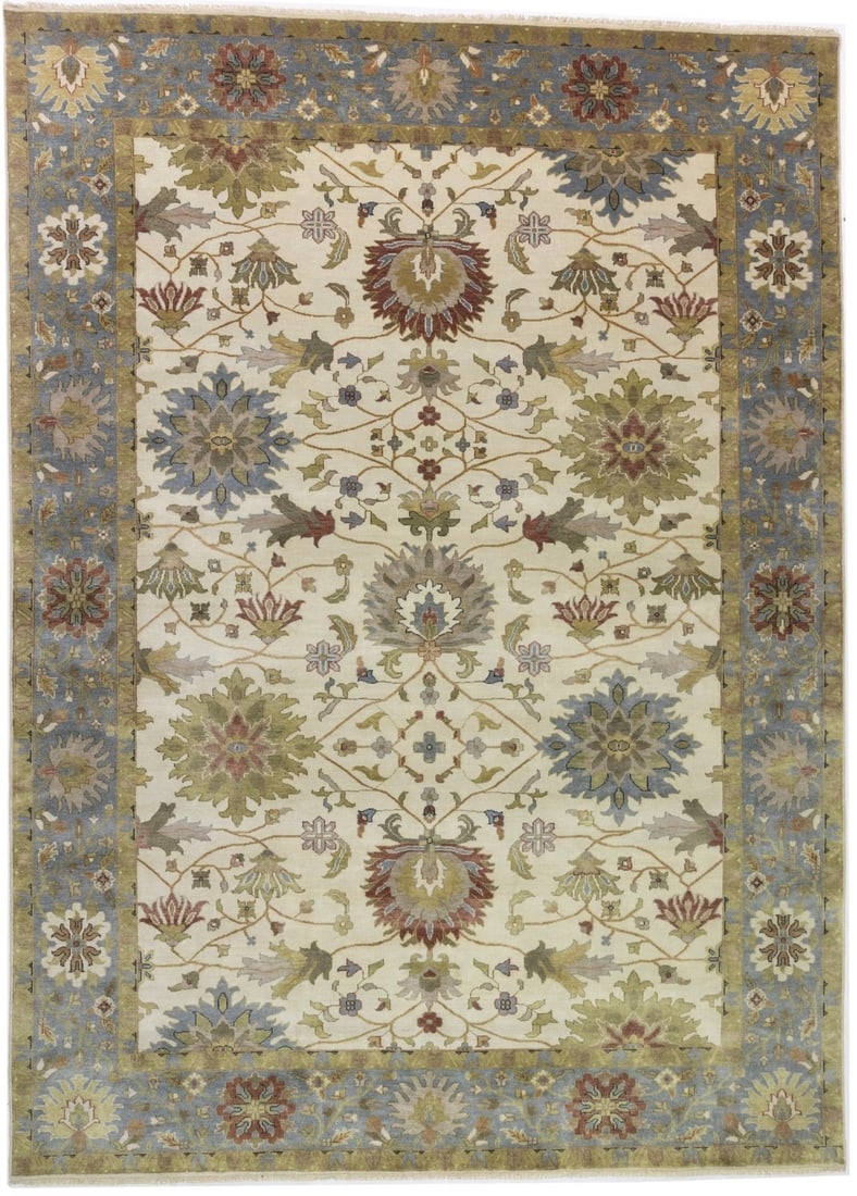 Hand-Knotted Wool Floral Area Rug 10'0 x 13'10 Modern Oushak Chobi Peshawar: Hand-Knotted Wool Floral Area Rug 10'0 x 13'10 Modern Oushak Chobi Peshawar This large Oushak Chobi Peshawar oriental rug features a hand-knotted wool construction with a vintage-inspired floral desig