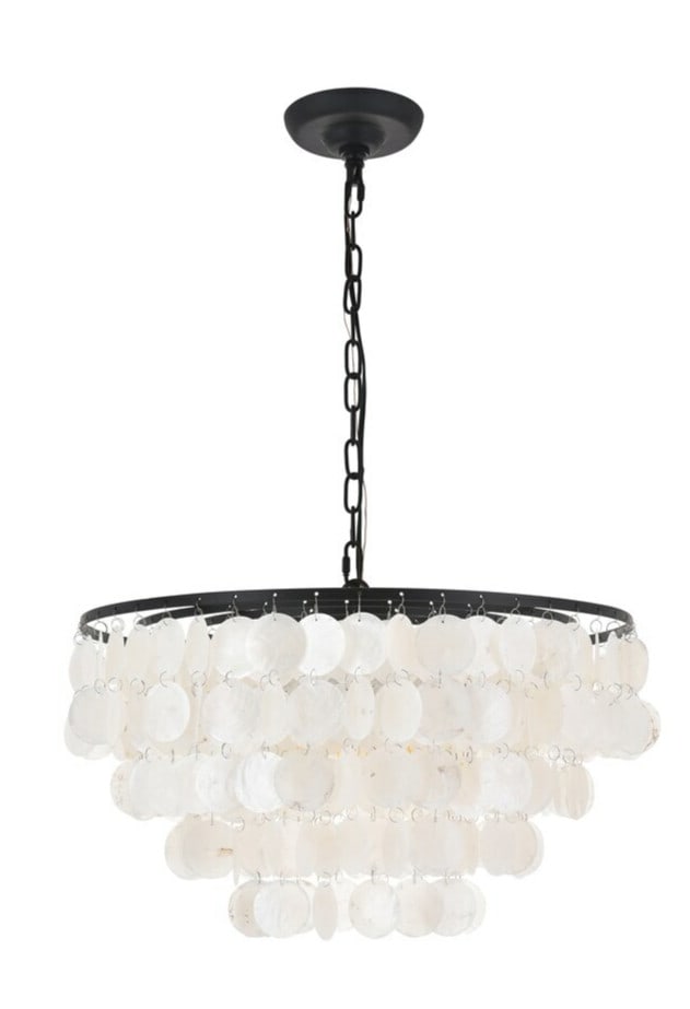 Selene 20 Inch Black Shell Pendant Chandelier for Dining or Living Spaces: Selene 20 Inch Black Shell Pendant Chandelier for Dining or Living Spaces This modern pendant chandelier features a black frame with an off-white shell shade, providing a stylish lighting solution for