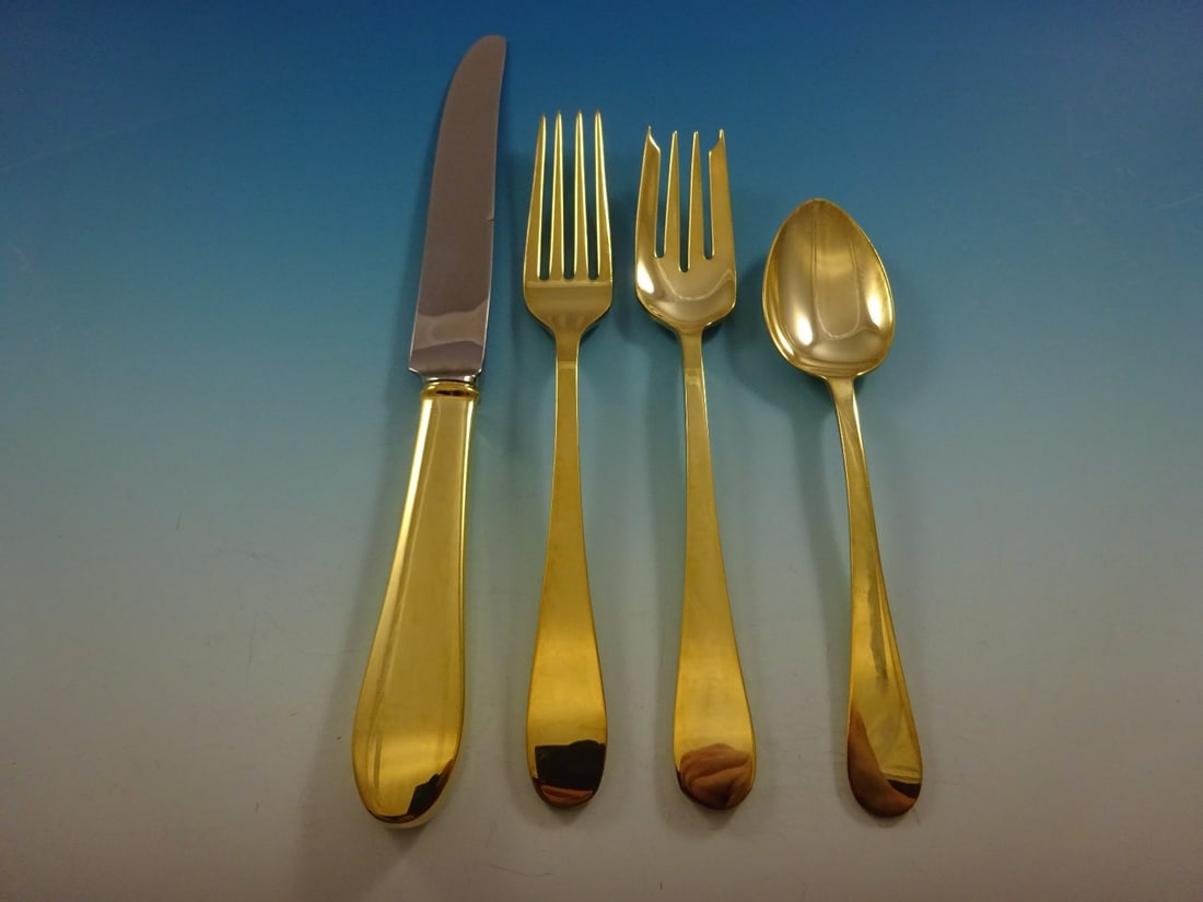 Tiffany & Co. Salem Gold Vermeil Sterling Silver Flatware Set for 6 - 24 Pieces: Tiffany & Co. Salem Gold Vermeil Sterling Silver Flatware Set for 6 - 24 Pieces Elevate your dining experience with the Salem Gold flatware set by Tiffany & Co., crafted from high-quality sterling sil