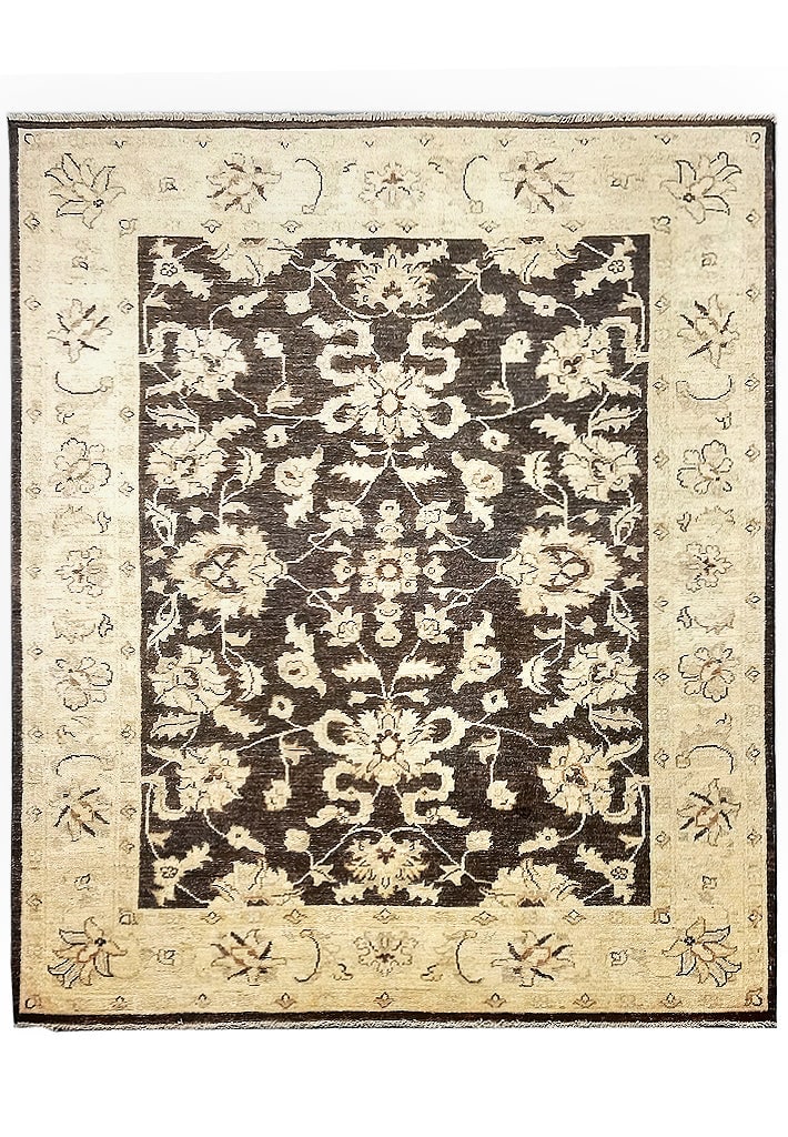 Handmade Black Ziglar Rug 5' x 6.3' Natural Wool Pakistan: Handmade Black Ziglar Rug 5' x 6.3' Natural Wool Pakistan Free continental US Shipping Transform your living space with the exquisite 5' x 6' Black Ziglar Rug, meticulously handcrafted in Pakistan fro