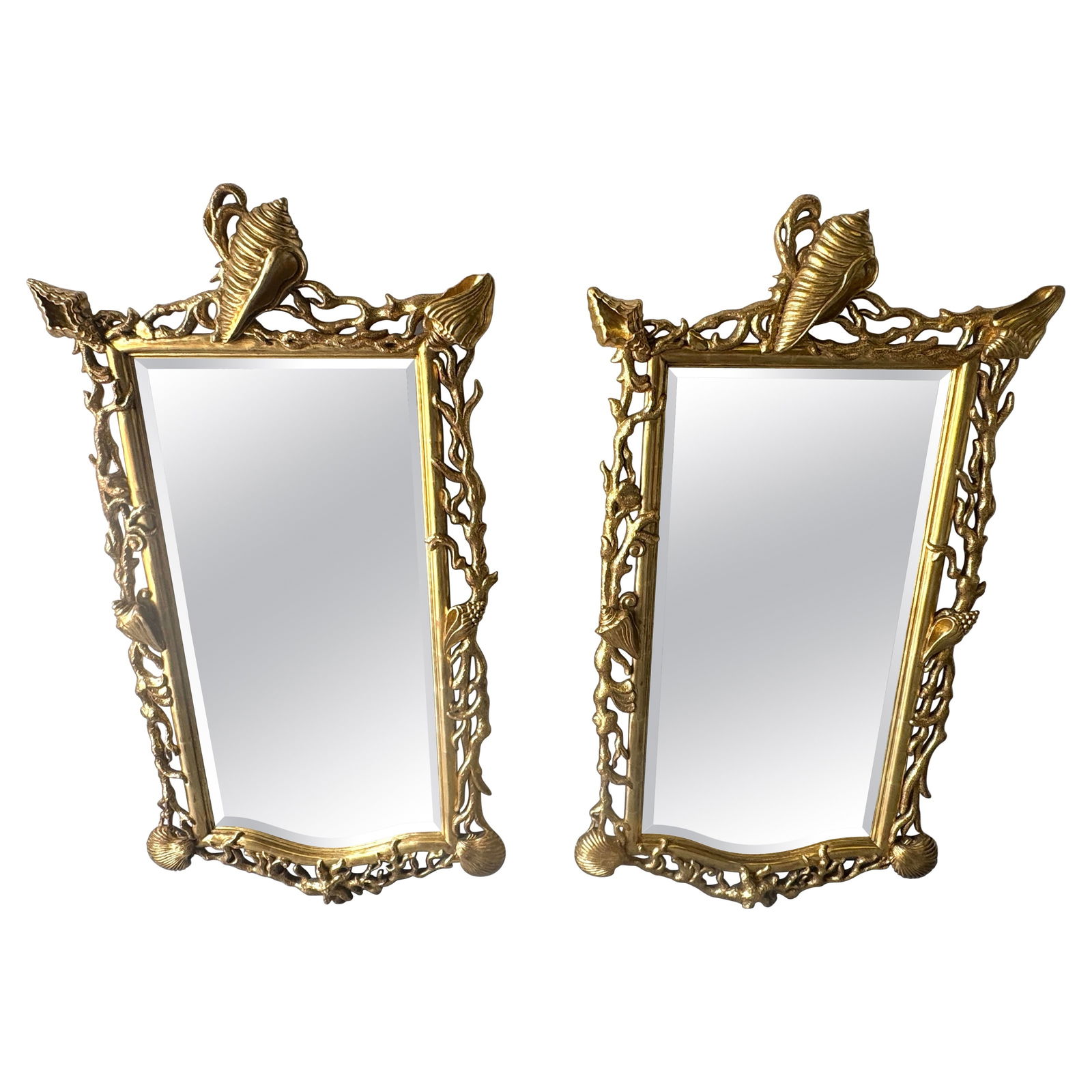Stunning Set of 2 Italian Giltwood Mirrors with Shell Coral Motif: Stunning Set of 2 Italian Giltwood Mirrors with Shell Coral Motif This extraordinary pair of Italian carved giltwood mirrors showcases a stunning blend of Baroque Revival design with coastal elements,