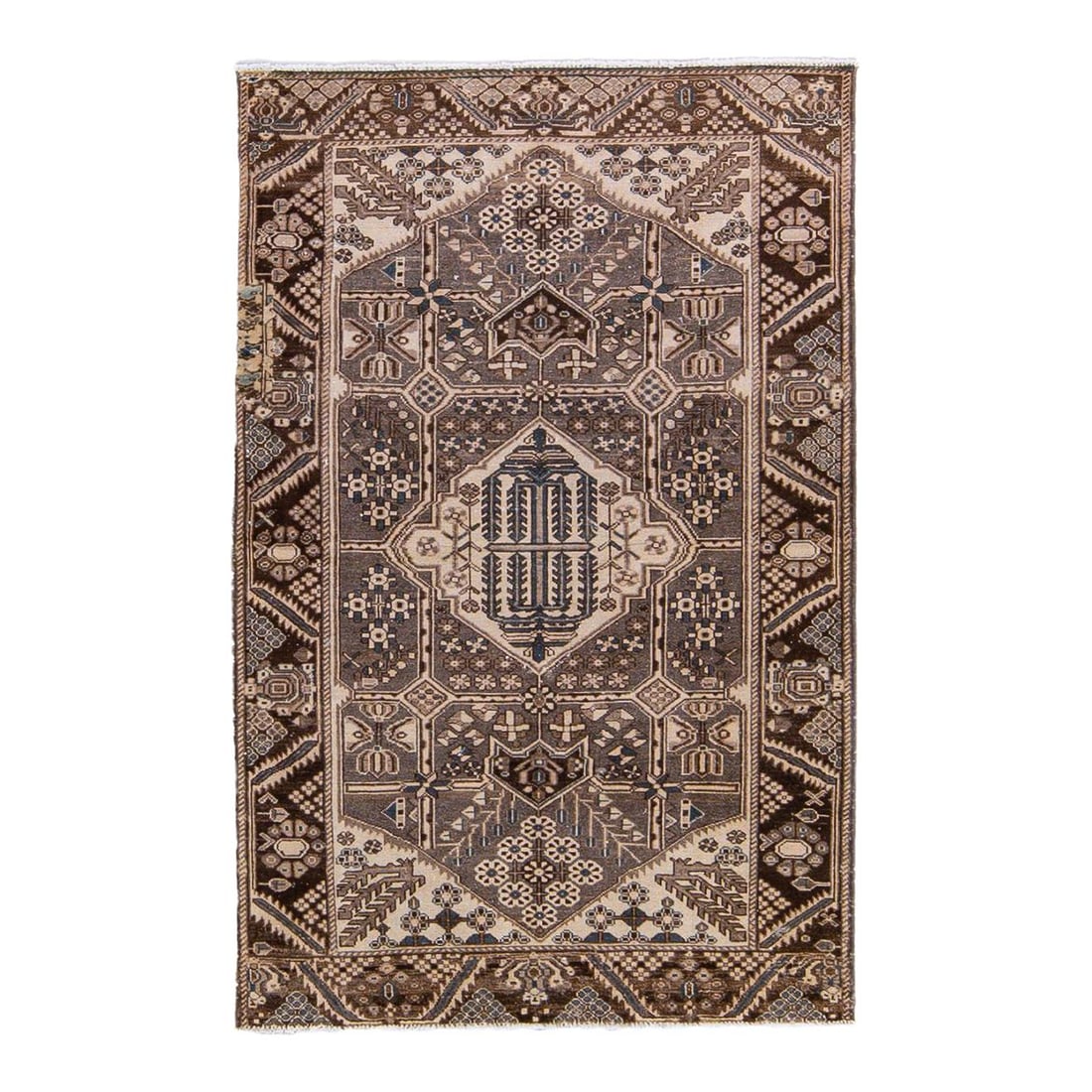 1960s Vintage Persian Handmade Wool Rug 4'06 x 7'02 Gray Geometric: 1960s Vintage Persian Handmade Wool Rug 4'06 x 7'02 Gray Geometric Discover the charm of this beautiful vintage Persian distressed hand-knotted wool rug, featuring a striking gray field. The rug is el