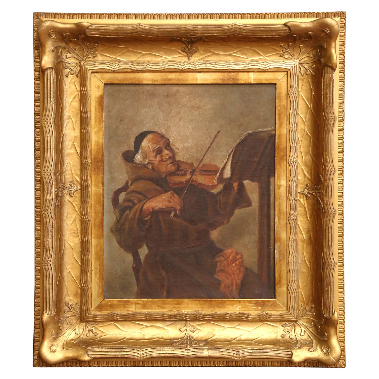 19th Century French Oil Painting Monk with Violin in Gilt Frame: 19th Century French Oil Painting Monk with Violin in Gilt Frame This exquisite 19th-century French oil painting captures the serene image of an elderly monk playing a violin. Created circa 1880, the p