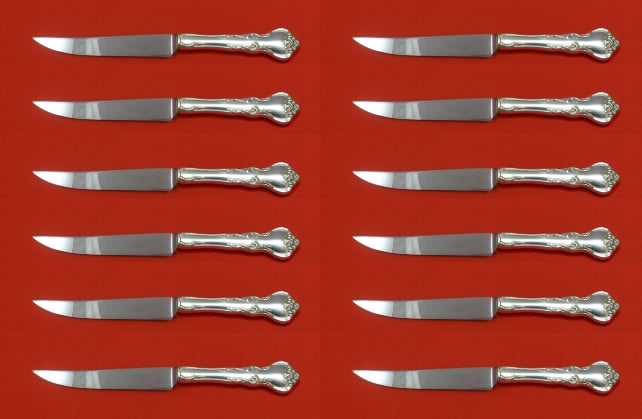 Reed and Barton Savannah Sterling Silver Steak Knife Set of 12: Reed and Barton Savannah Sterling Silver Steak Knife Set of 12 Enhance your dining experience with this exquisite set of 12 steak knives from the Savannah pattern by Reed and Barton. Each knife featur