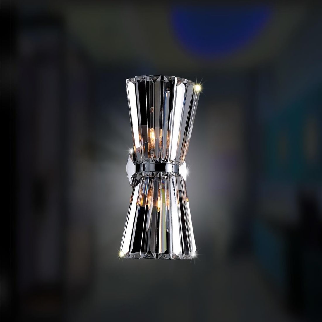 Kalco Armanno 2-Light Art Deco Wall Sconce Chrome Crystal: Kalco Armanno 2-Light Art Deco Wall Sconce Chrome Crystal Illuminate your space with the Elegant Armanno 2 Light Wall Sconce, featuring a stunning combination of chrome and Firenze clear crystal that