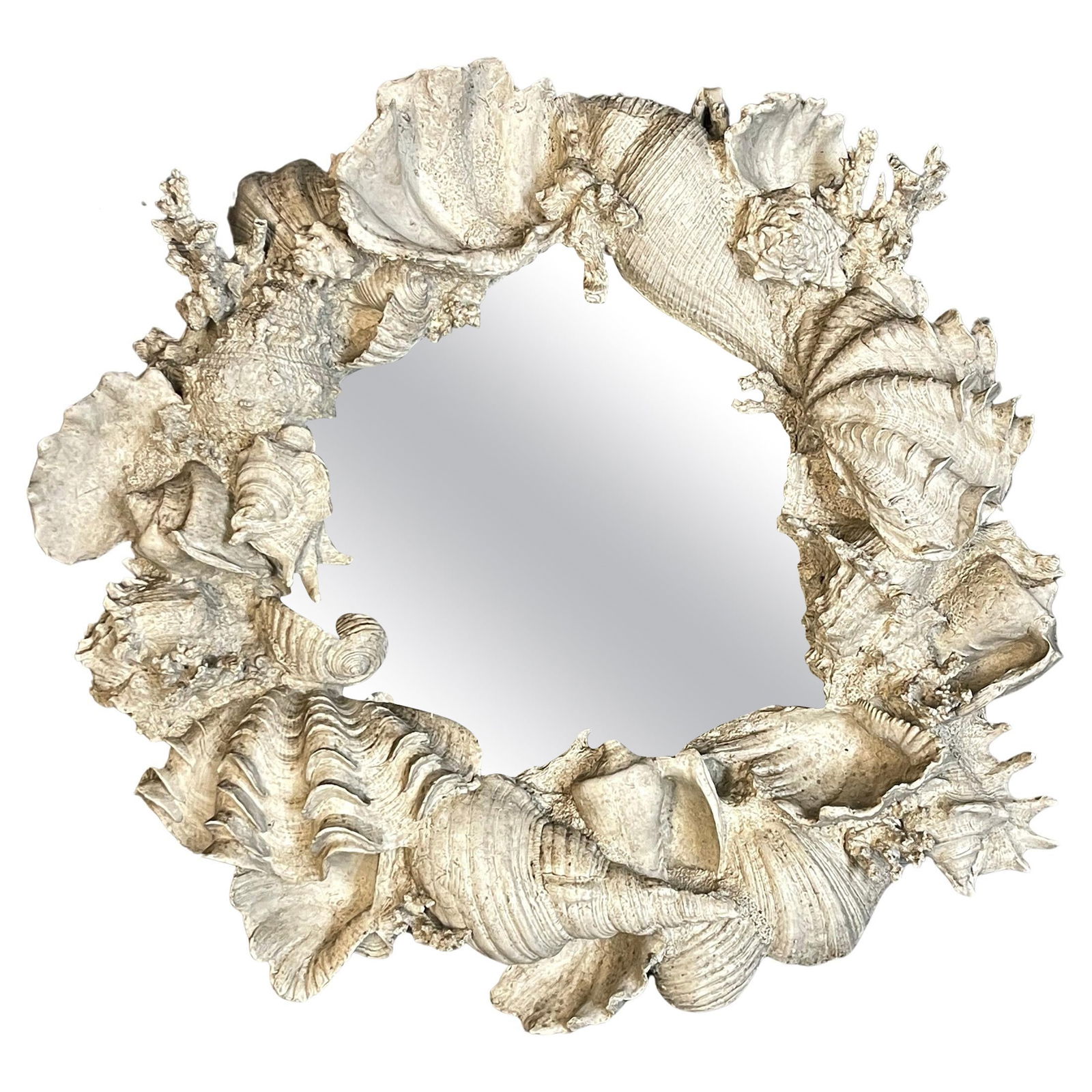 1990s Naturalistic Coral Shell Porthole Mirror 27in High-Relief Design: 1990s Naturalistic Coral Shell Porthole Mirror 27in High-Relief Design This stunning Naturalistic High-Relief Coral and Shell Motif Porthole Mirror features a beautifully crafted design showcasing a c