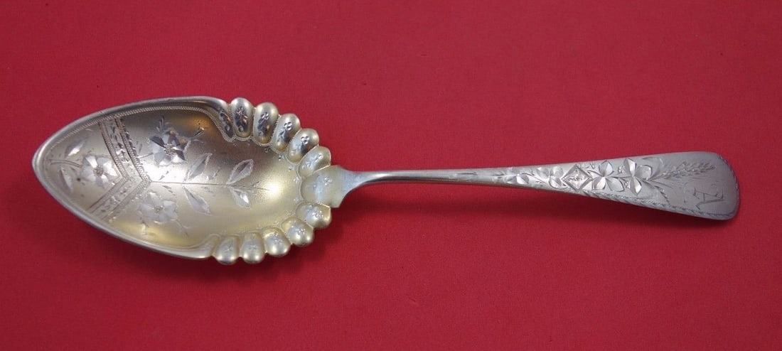Vanderslice Antique Engraved Wheat Sterling Silver Berry Spoon 8 3/4": Vanderslice Antique Engraved Wheat Sterling Silver Berry Spoon 8 3/4" This exquisite Antique Engraved Wheat Berry Spoon, crafted by Vanderslice, showcases the elegance of 19th-century silverware. Made